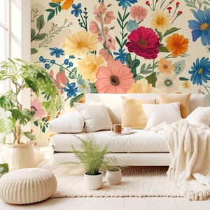 Floral wallpaper, colorful Wall Mural | Home Renovation | Wall Art | Peel and Stick Or Non Self-Adhesive Vinyl Wallpaper