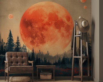 Papel tapiz de luna roja, paisaje forestal | Decoración de pared | Renovación del hogar | Papel tapiz de vinilo despegable y pegado o no autoadhesivo