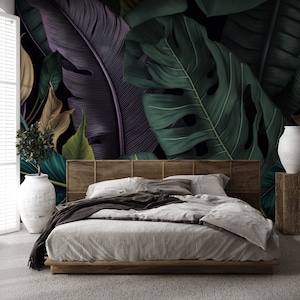 Dark leaves wall mural, tropical leaf wallpaper | Wall Decor | Home Renovation | Peel and Stick Or Non Self-Adhesive Vinyl Wallpaper