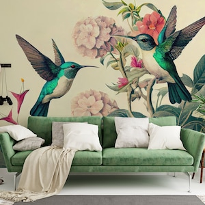 Carta da parati floreale, carta da parati con colibrì | Decorazione da parete | Ristrutturazione casa | Carta da parati in vinile staccabile e incollabile o non autoadesiva