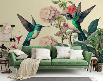 Mural de pared floral, papel pintado de colibrí | Decoración de pared | Renovación del hogar | Papel tapiz de vinilo despegable y pegado o no autoadhesivo