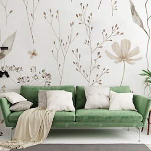Carta da parati botanica bianca con fiori di prato | Decorazione da parete | Ristrutturazione casa | Arte della parete | Carta da parati in vinile staccabile e incollabile o non autoadesiva