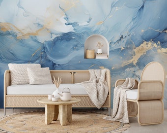 Abstraktes blaues Wandbild, Marmortapete | Wanddekoration | Hausrenovierung | Wandkunst | Vinyl-Tapete zum Abziehen und Aufkleben oder nicht selbstklebend