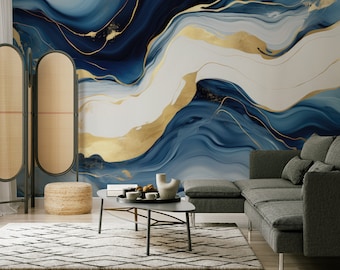 Blaue und mattgoldene Marmortapete | Wanddekoration | Hausrenovierung | Wandkunst | Vinyl-Tapete zum Abziehen und Aufkleben oder nicht selbstklebend
