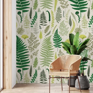 Fern leaf & herb pattern wallpaper | Leaves Wall Mural | Home Renovation | Wall Art | Peel and Stick Or Non Self-Adhesive Vinyl Wallpaper