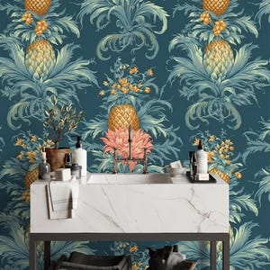 Dark teal abstract floral wallpaper | Floral Wall Mural | Home Renovation | Wall Art | Peel and Stick Or Non Self-Adhesive Vinyl Wallpaper