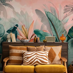 Colorful tropical wallpaper, leaf&banana plant Home Decor | Home Renovation | Wall Art | Peel and Stick Or Non Self-Adhesive Vinyl Wallpaper
