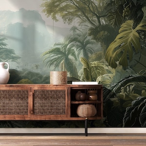 Carta da parati scura e lussureggiante della giungla tropicale | Decorazione da parete | Ristrutturazione casa | Arte della parete | Carta da parati in vinile staccabile e incollabile o non autoadesiva