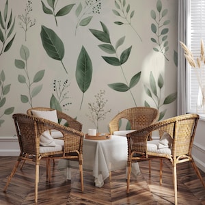 Elegant green leaves wallpaper, botanical Wall Mural | Home Renovation | Wall Art | Peel and Stick Or Non Self-Adhesive Vinyl Wallpaper