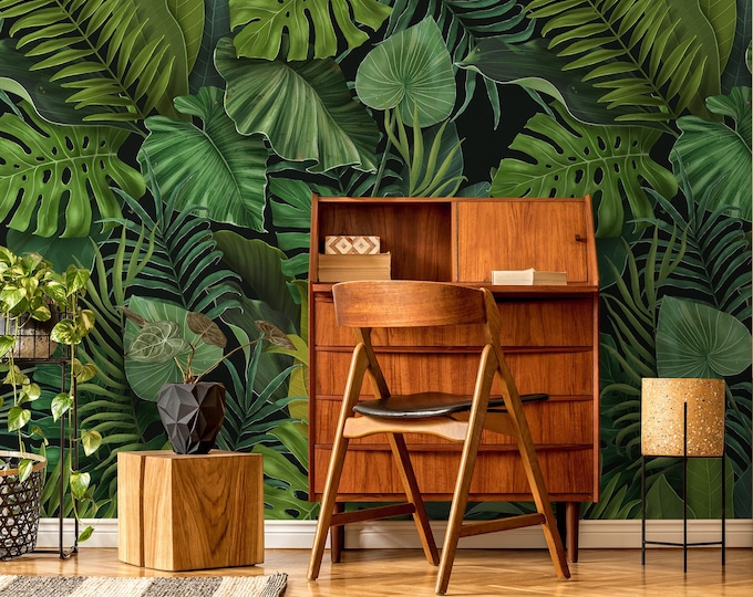 Dark Green Tropical Wallpaper, Monstera Leaf | Wall Decor | Home ...