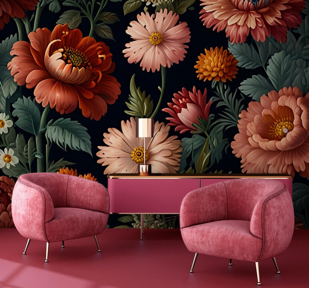 Dark Floral Wallpaper | Vintage Botanical Wall Mural | Home Renovation ...