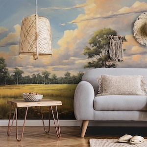 Landscape wallpaper, wildflowers and trees Home Decor | Home Renovation | Wall Art | Peel and Stick Or Non Self-Adhesive Vinyl Wallpaper