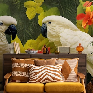 Parrot birds green tropical wallpaper | Home Decor | Home Renovation | Wall Art | Peel and Stick Or Non Self-Adhesive Vinyl Wallpaper
