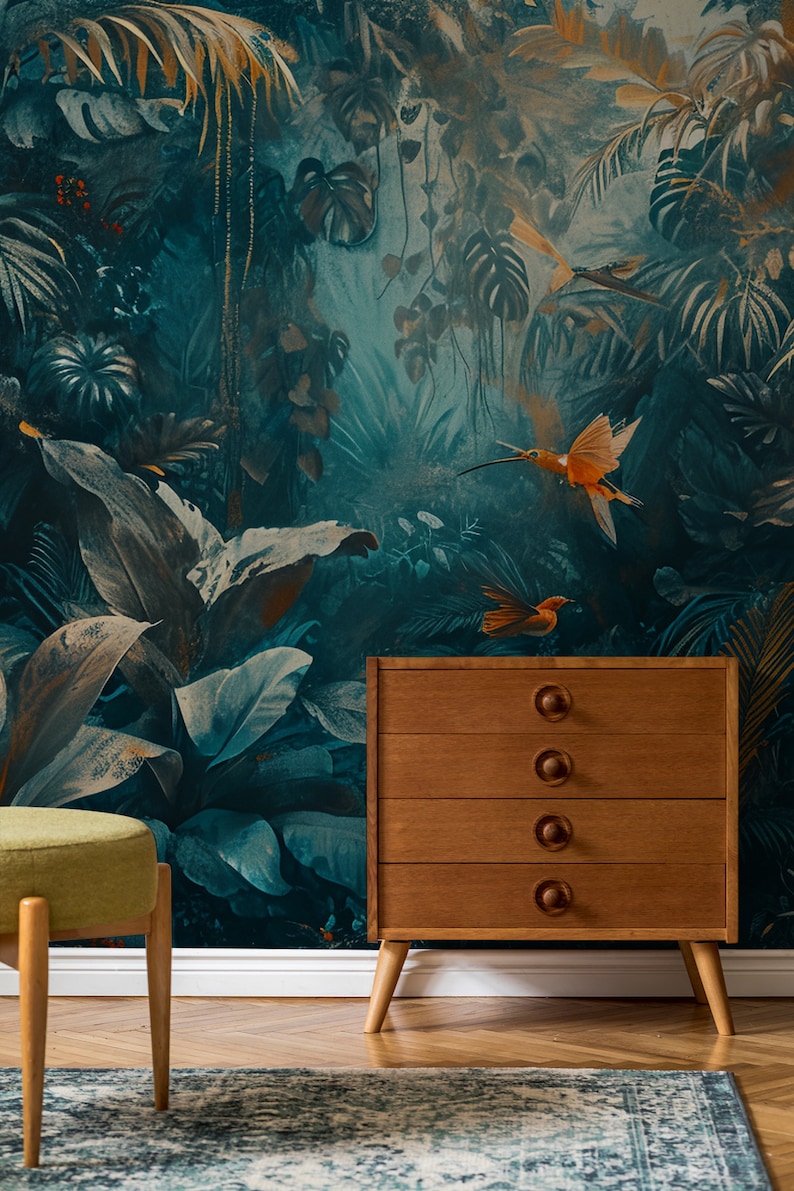 Dunkle Dschungeltapete mit Blumen, Pflanzen und Vögeln Wanddekoration Hausrenovierung Vinyl-Tapete zum Abziehen und Aufkleben oder nicht selbstklebend Bild 4