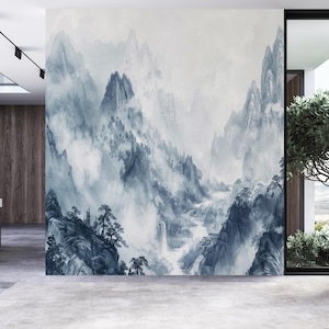 Elegant landscape wallpaper, misty mountain Wall Mural | Home Renovation | Wall Art | Peel and Stick Or Non Self-Adhesive Vinyl Wallpaper