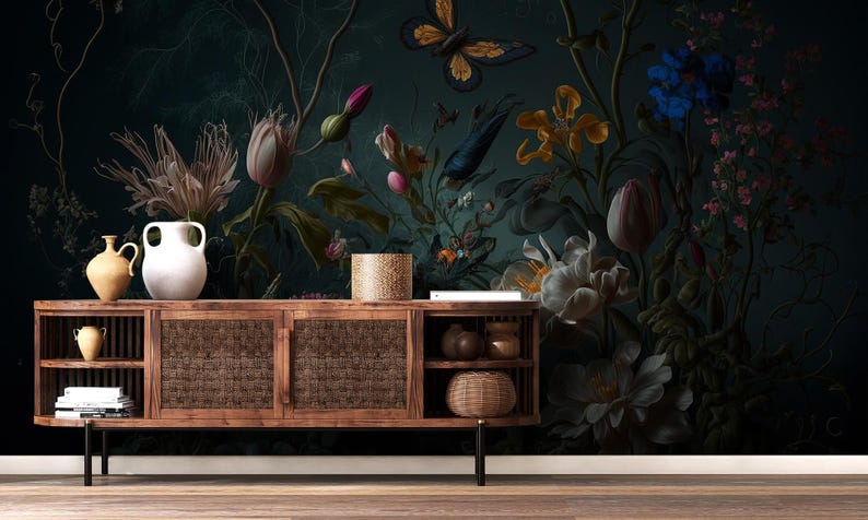Vintage Wallpaper, Garden Floral Dark Leaves Wall Mural | Home ...