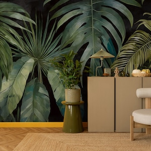Dark monstera, palm & banana leaf wallpaper | Wall Decor | Home Renovation | Wall Art | Peel and Stick Or Non Self-Adhesive Vinyl Wallpaper