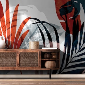 Abstract art tropical leaf wallpaper | Wall Decor | Home Renovation | Wall Art | Peel and Stick Or Non Self-Adhesive Vinyl Wallpaper