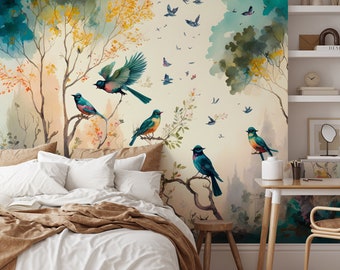 Waldtapete mit Vögeln, Wandgemälde | Wanddekoration | Hausrenovierung | Wandkunst | Vinyl-Tapete zum Abziehen und Aufkleben oder nicht selbstklebend
