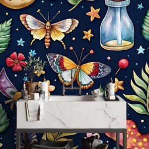Magic wallpaper, stars and butterflies, leaf Home Decor | Home Renovation | Wall Art | Peel and Stick Or Non Self-Adhesive Vinyl Wallpaper