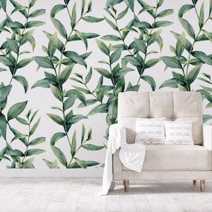 Green tropical leaves wallpaper | Wall Decor | Home Renovation | Wall Art | Peel and Stick Or Non Self-Adhesive Vinyl Wallpaper