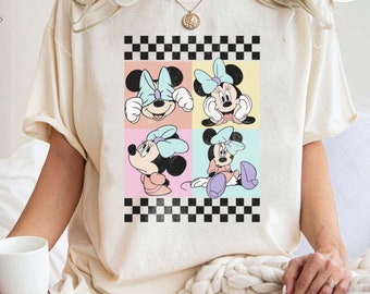Koszula w kratkę z Myszką Minnie w komfortowych kolorach, koszula w kratkę z Myszką Minnie, dziecięca koszulka Disney, koszulka z Myszką Minnie z lat 90., koszulka z wakacjami w Disneylandzie
