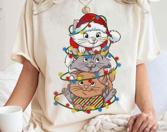 Chemise Disney Santa Marie Cat Christmas Lights confort couleurs, chemise de Noël les aristochats Marie, t-shirt de Noël aristochats