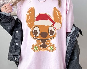 Camiseta navideña de Stitch de Disney, camiseta navideña de pan de jengibre de Stitch, camiseta navideña de galletas, camiseta navideña de Lilo y Stitch