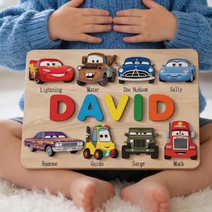 Personalized Cars Name Puzzle, Wooden Toy for Toddler Boy, Lightning McQueen Custom Gift, First Birthday Gift, Disney Cars Nursery Decor
