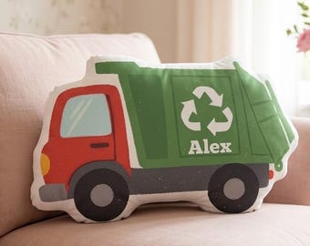 Personalized Garbage Truck Pillow, Custom Name Kids Cushion, Recycling Truck Throw Pillow, Nursery Bedroom Decor