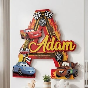 Gepersonaliseerde Lightning Mcqueen-naambord, kinderkamerbord, naambord Disney kinderkamer, naambord auto's film, briefbord, naambord auto's Pixar