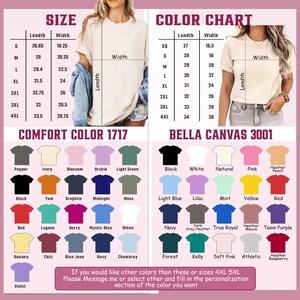May include: Image showing size and color charts for t-shirts. The size chart includes measurements in inches for length and width. The color charts display various colors available for Comfort Color 1717 and Bella Canvas 3001 t-shirts.