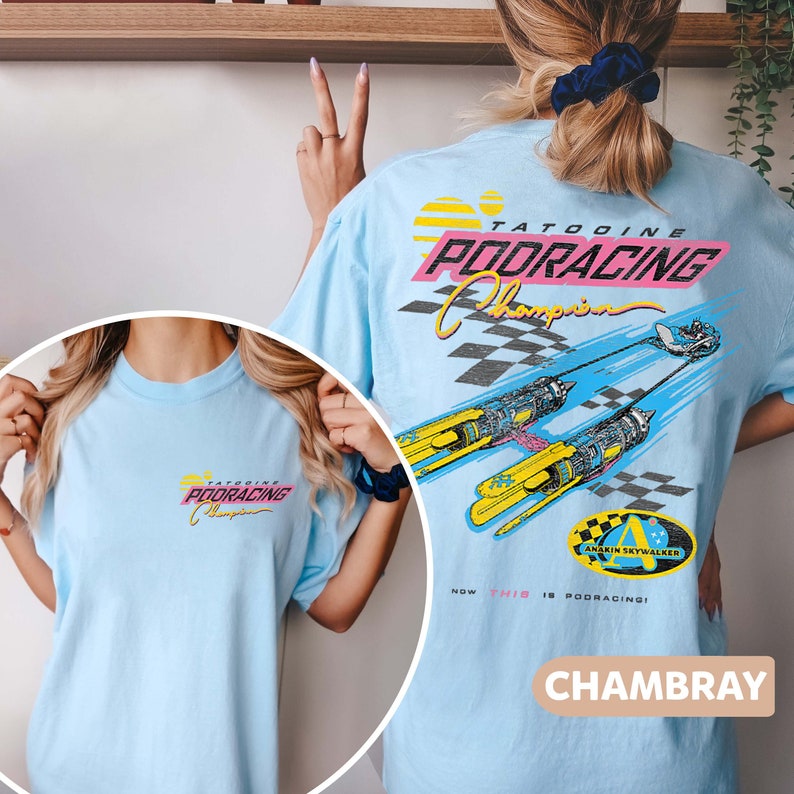 Retro Tatooine Podracing Champion Comfort Colors-skjorta, Star Wars-tvättad t-shirt, Hollywood Studios-skjorta, Galaxy's Edge Trip-skjorta Chambray (Comfort)