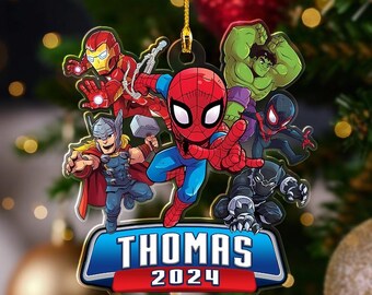 Custom Super Heroes Christmas Ornament, Superhero Spiderman Team 2024 Christmas Tree Decor, Kids Christmas Ornament, Superhero Gift For Kid