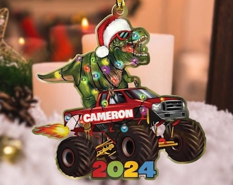 Aangepaste 2D platte dinosaurusornamenten met kerstlicht, dinosauruskerstboomdecoratie, cadeau voor dinosaurusliefhebber, kerstornament voor kinderen
