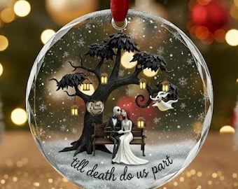 Adorno de cristal personalizado de Jack y Sally, adorno de boda de esqueleto, adornos de pareja de esqueletos, adorno de cristal de aniversario, pareja de Halloween