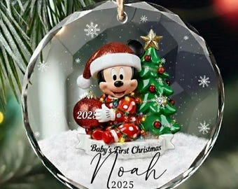 Enfeite de vidro personalizado para o primeiro Natal do bebê Mickey, Enfeite de Natal do Mickey Mouse, Enfeite de vidro para recém-nascido, Enfeite de Natal infantil em vidro.