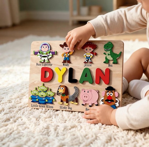 A craftsperson hand-cuts each child's name into a wooden puzzle with Toy Story character flair — functional toddler toy meets personalized nursery decor in one.