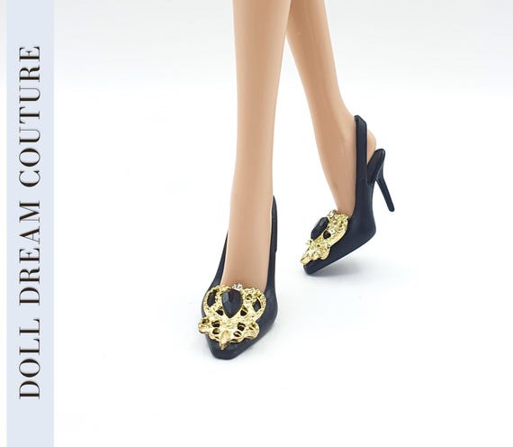 Barbie Shoes 1 6 Doll Fashion Shoes With Heels Black Heeled Shoes With Gold Ornament Doll High Heels Black 30 Cm Doll Action Figure Etsy Ireland