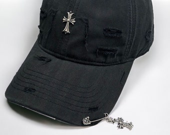 y2k cross baseball cap - distressed beige cap, streetwear gift for her, black chrome hat, urban y2k headwear,