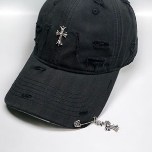 y2k cross baseball cap - distressed beige cap, streetwear gift for her, black chrome hat, urban y2k headwear,