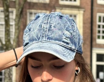 Distressed y2k baseball cap - Vintage look washed cap, y2k streetwear gift, blue denim cap, ripped jean hat, 80s 90s cap