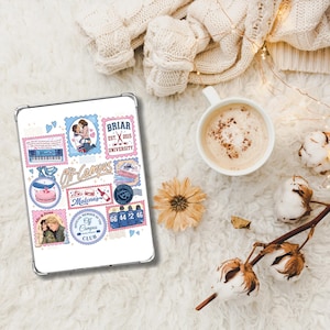 May include: A tablet case featuring a collage of colorful postage stamp-style illustrations. Designs include a couple embracing, the text Briar University Est. 2015, a keyboard, a cake, pizza, a wine bottle, and the text Off-Campus and Off-Campus Club.