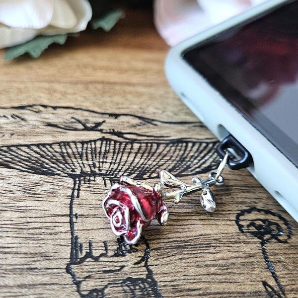 Long stem rose kindle and cell phone dust plug charm custom accessory