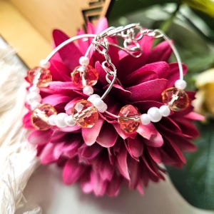 Peach and White Pearl Beaded Hoop Dangle Earrings - Silver Jewelry