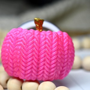 May include: A bright neon pink pumpkin-shaped object featuring a textured herringbone pattern across its surface. The pumpkin is topped with a small, metallic gold-colored stem. The object is circular and has a smooth, rounded overall shape.