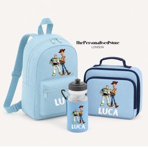 Sac à dos bleu personnalisé Toy Story, sac à lunch et bouteille - Woody and Buzz, nom personnalisé, sac à dos pour tout-petits, mini sac à dos pour la rentrée scolaire