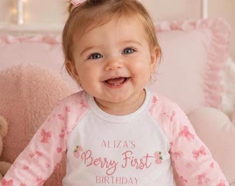 Pink Berry First Birthday Personalised Kids Outfit, Birthday Morning Set, Custom Name Cotton Clothing Set for Girls, Tight-fitting style