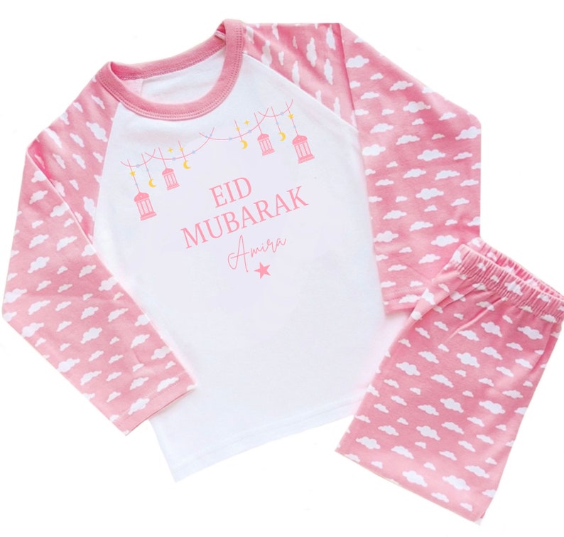 Personalised Pink Eid Mubarak Pyjamas Children's Eid Pyjama Pyjamas Eid Ramadan Baby Toddler Pj's image 1