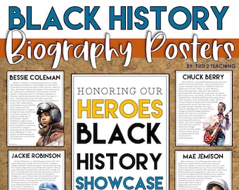 Könnte beinhalten: Ein Satz von 60 bunten Postern mit Biografien bemerkenswerter schwarzer historischer Persönlichkeiten. Die Poster sind als Unterrichtsmaterial für den Black History Month konzipiert. Die Poster zeigen Bilder der Personen, zusammen mit ihren Namen und kurzen Beschreibungen ihrer Leistungen. Die Poster sind mit "Black History Biography Posters" und "Honoring Our Heroes Black History Showcase" betitelt.